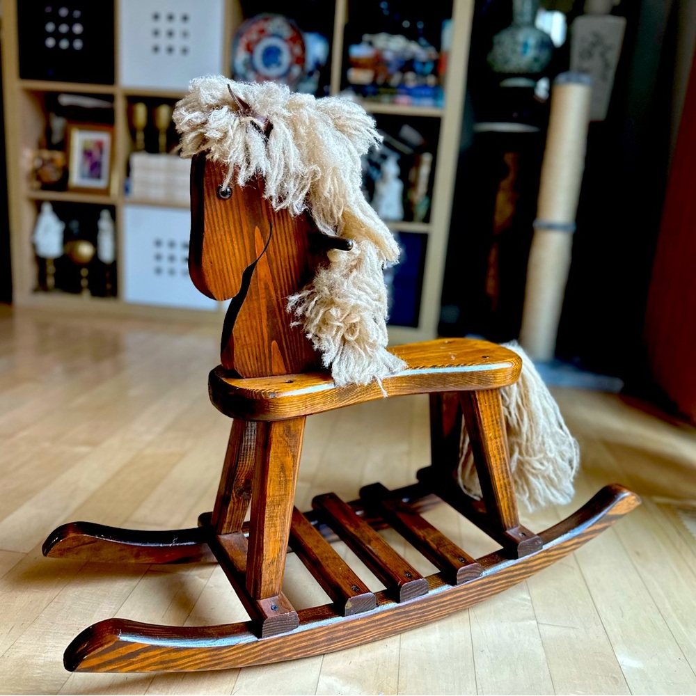 VINTAGE SOLID WOOD LEATHER EARS ROCKING HORSE - Woods of America ponny